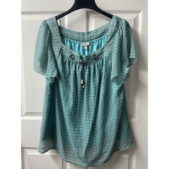 Roz & Ali Flutter Sleeve Top Womens Plus 2X Blue Brown Chiffon Lined Career EUC - Picture 1 of 10